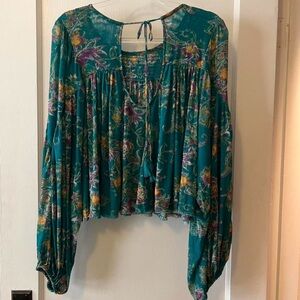 Free People Teal  Floral Blouse